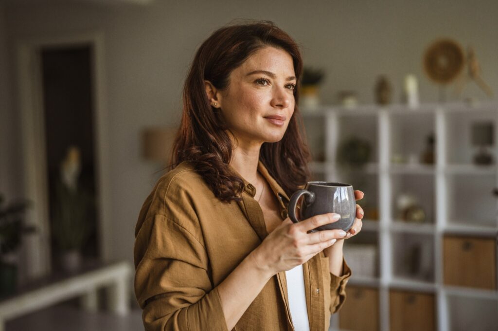A woman looking calm.